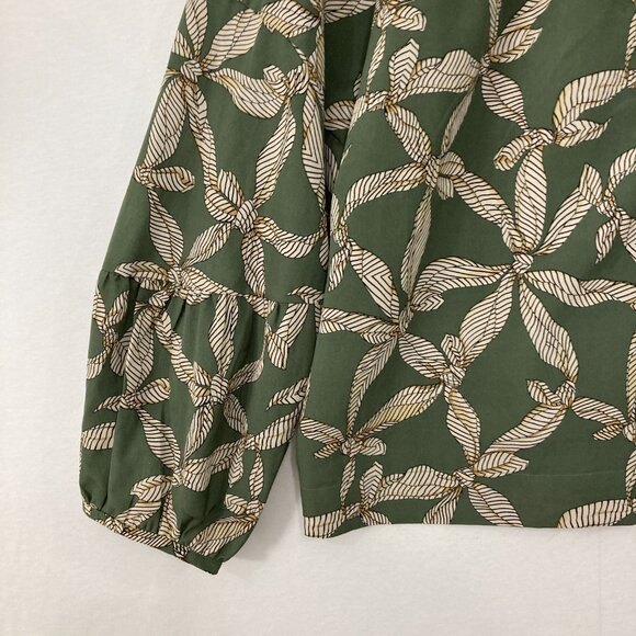 LOFT sz XL Green Tan Floral Abstract Balloon Sleeve Button Popover Blouse Office - Picture 4 of 9